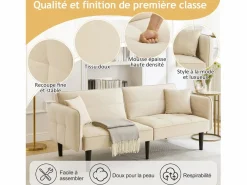 Sofá Vintage|Sofá cama 2 en 1 regulable - Respaldo regulable - Patas de madera y cojines incluidos - Terciopelo - 176 x 78 x 76 cm - Beige