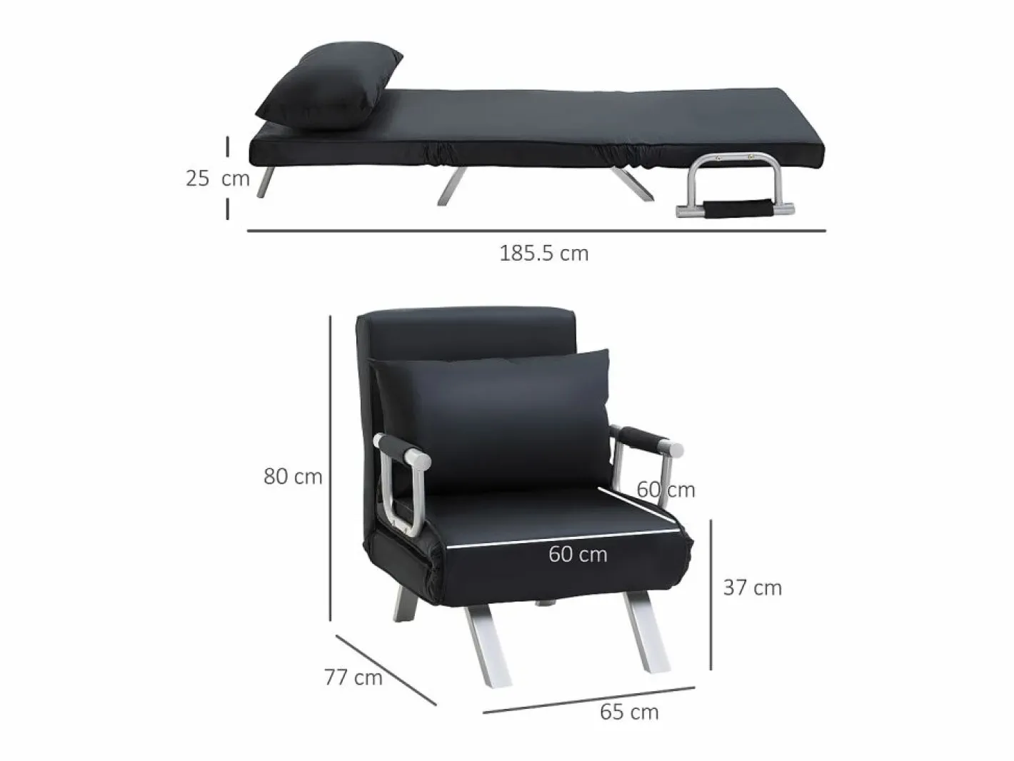 Sofá cama 2 en 1, respaldo regulable, funda desenfundable, poliéster, color (65x69x80cm) Negro New