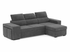 Sofá Cama 3 Plazas Oscuro con Chaise Longue Reversible Lado Derecho/Izquierdo - Reposacabezas Ajustables - 2 Pufs (263 x 127 x 96 cm) - JOHN^