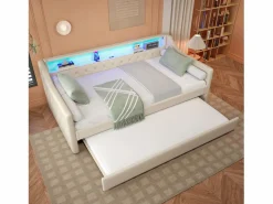 ModernLuxe Sofá cama 90 x 200 cm - con iluminación LED - con cama nido - con USB - lino - con somier de láminas - Beige Clearance