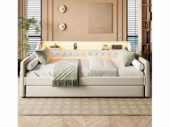 ModernLuxe Sofá cama 90 x 200 cm - con iluminación LED - con cama nido - con USB - lino - con somier de láminas - ​​​ Beige Clearance