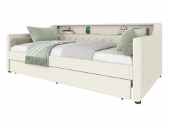 ModernLuxe Sofá cama 90 x 200 cm - con iluminación LED - con cama nido - con USB - lino - con somier de láminas - ​​​ Beige Clearance