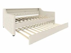 ModernLuxe Sofá cama 90 x 200 cm - con iluminación LED - con cama nido - con USB - lino - con somier de láminas - ​​​ Beige Clearance