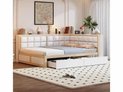 Sofá cama 140 x 200 cm, cama multifuncional con respaldo mullido y grandes cajones de almacenamiento, estructura de pino, color natural Color natural claro New