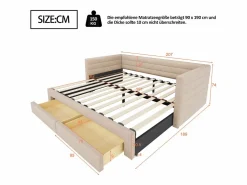 ModernLuxe Sofá cama acolchado 90×190 cm - con 2 cajones - con somier de láminas - (colchón no incluido) Beige New