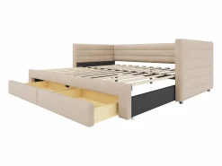 ModernLuxe Sofá cama acolchado 90×190 cm - con 2 cajones - con somier de láminas - (colchón no incluido) Beige New