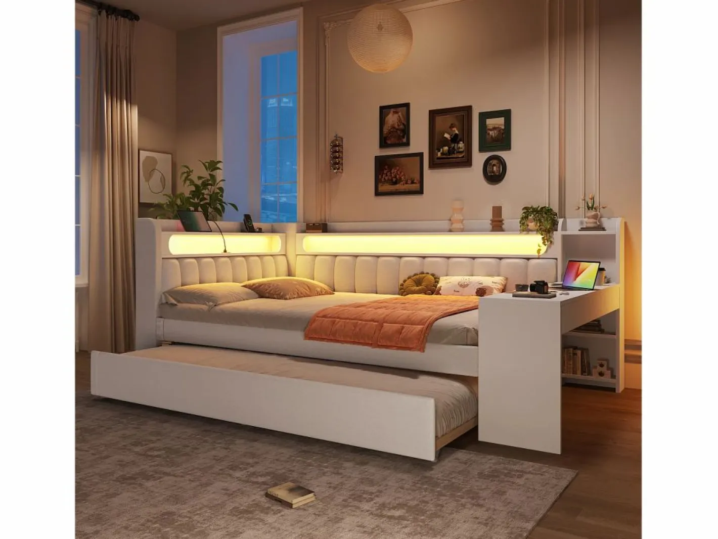 ModernLuxe Sofá cama acolchado 140x200 cm - con puertos USB y LED - con cama nido y escritorio - (sin colchón) Blanco Online