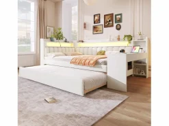 ModernLuxe Sofá cama acolchado 140x200 cm - con puertos USB y LED - con cama nido y escritorio - (sin colchón) Blanco Online