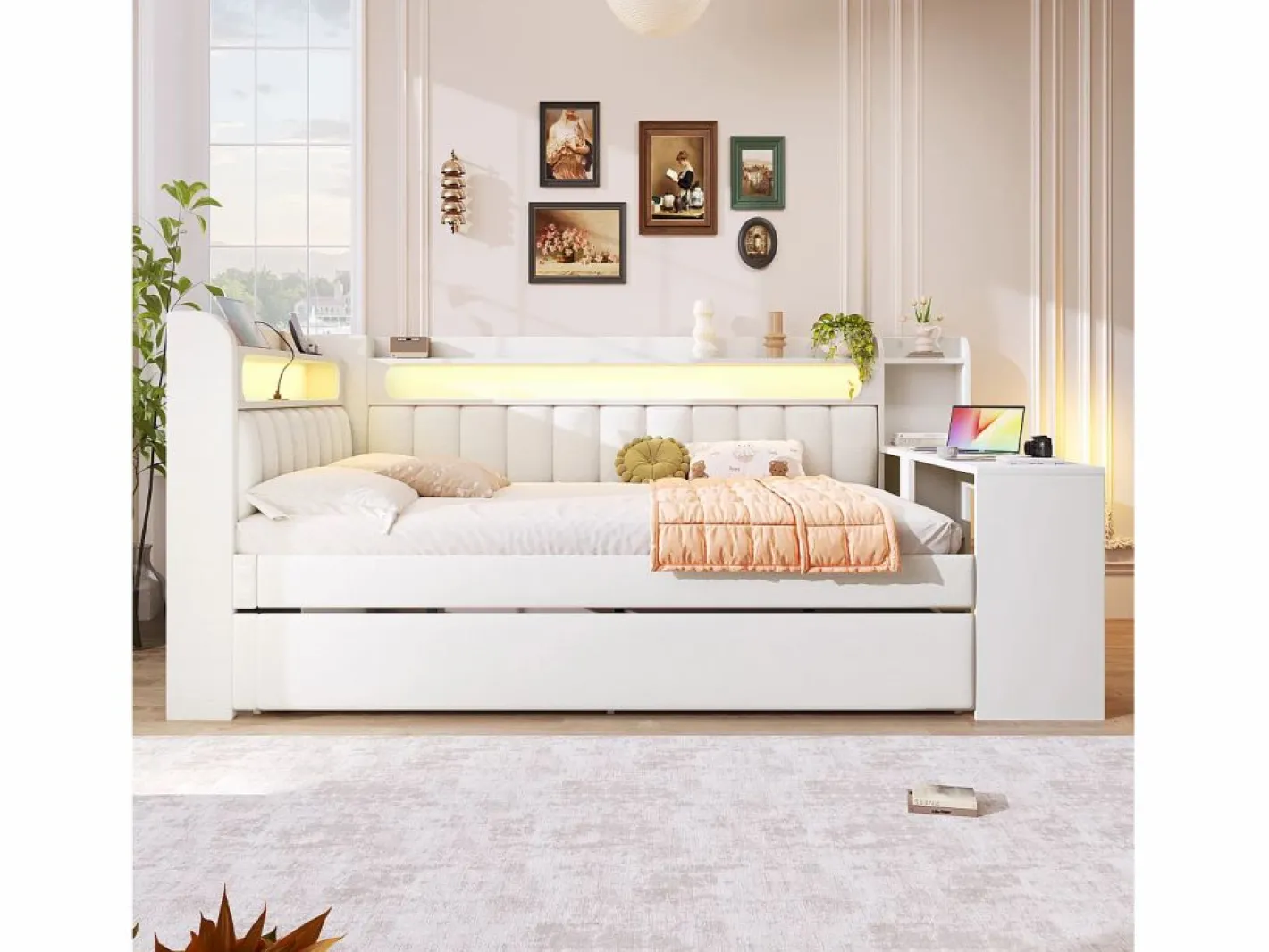 ModernLuxe Sofá cama acolchado 140x200 cm - con puertos USB y LED - con cama nido y escritorio - (sin colchón) Blanco Online