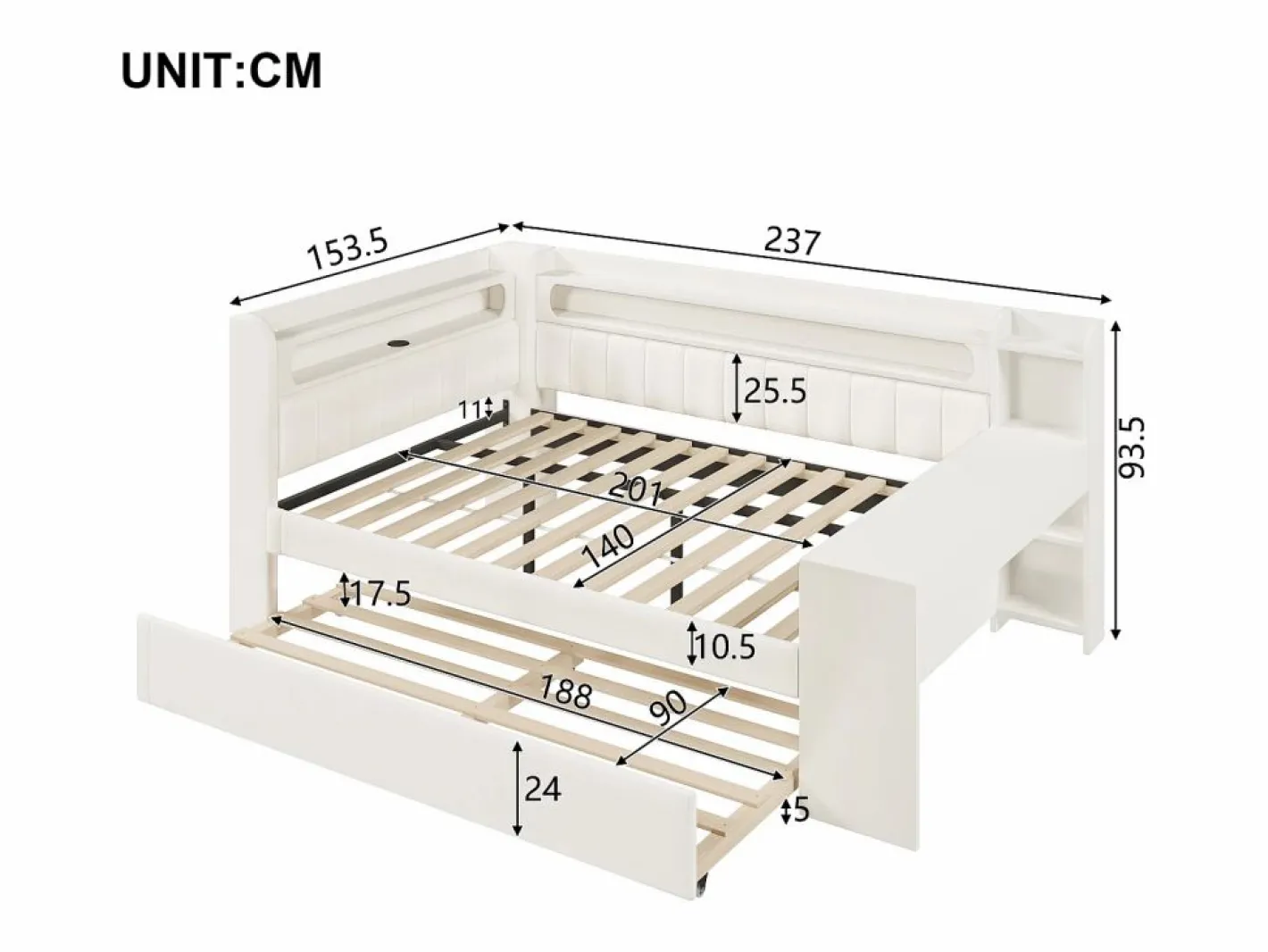 ModernLuxe Sofá cama acolchado 140x200 cm - con puertos USB y LED - con cama nido y escritorio - (sin colchón) Blanco Online
