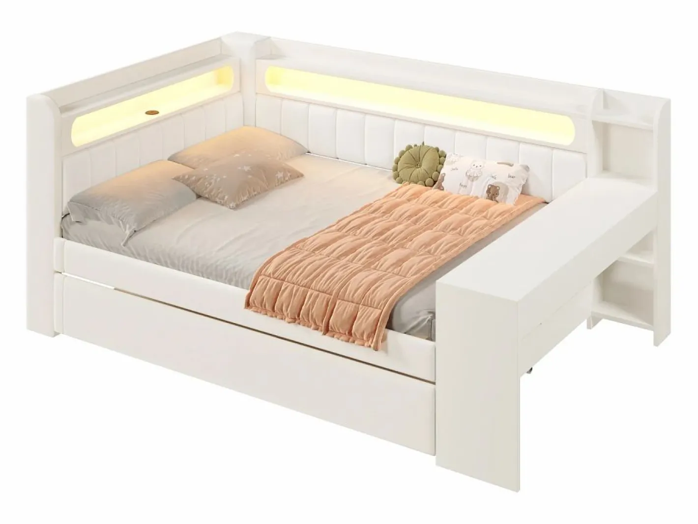 ModernLuxe Sofá cama acolchado 140x200 cm - con puertos USB y LED - con cama nido y escritorio - (sin colchón) Blanco Online