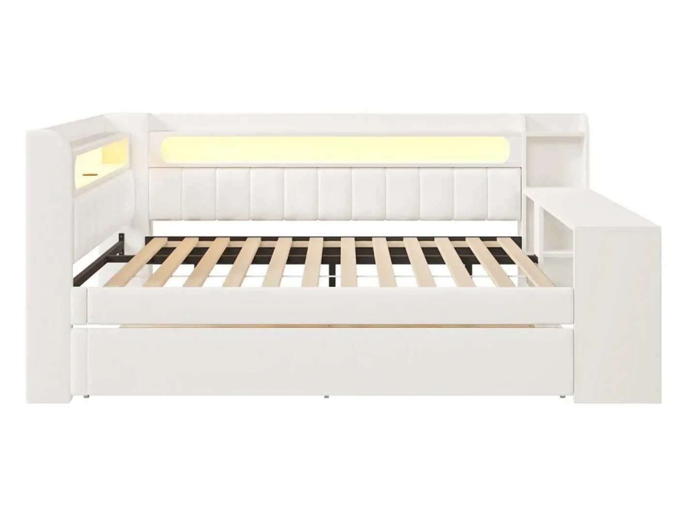 ModernLuxe Sofá cama acolchado 140x200 cm - con puertos USB y LED - con cama nido y escritorio - (sin colchón) Blanco Online