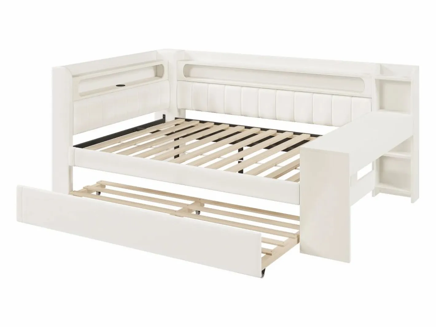 ModernLuxe Sofá cama acolchado 140x200 cm - con puertos USB y LED - con cama nido y escritorio - (sin colchón) Blanco Online