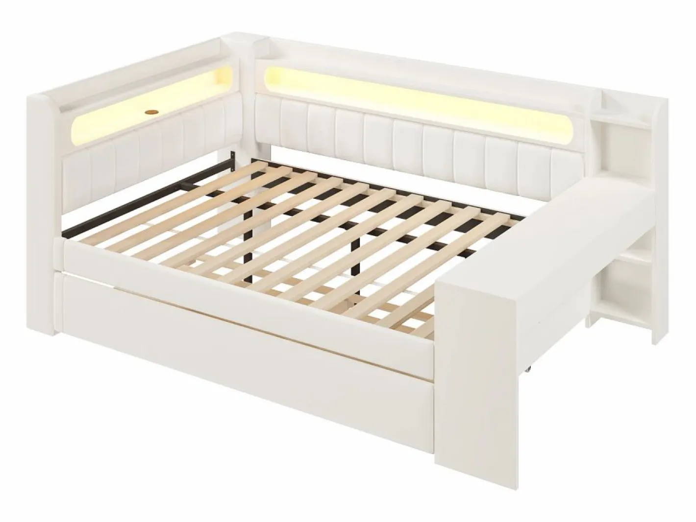 ModernLuxe Sofá cama acolchado 140x200 cm - con puertos USB y LED - con cama nido y escritorio - (sin colchón) Blanco Online