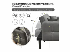 Merax Sofá cama ajustable 2 en 1 - 176 x 78 x 76 cm - 2 plazas - con reposabrazos abatibles - Terciopelo - Gris