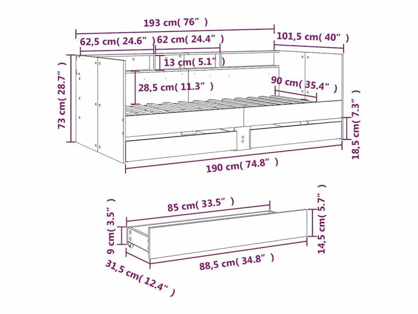 vidaxl Sofá cama con cajones sin colchón roble Sonoma 90x190 cm Color natural claro Best