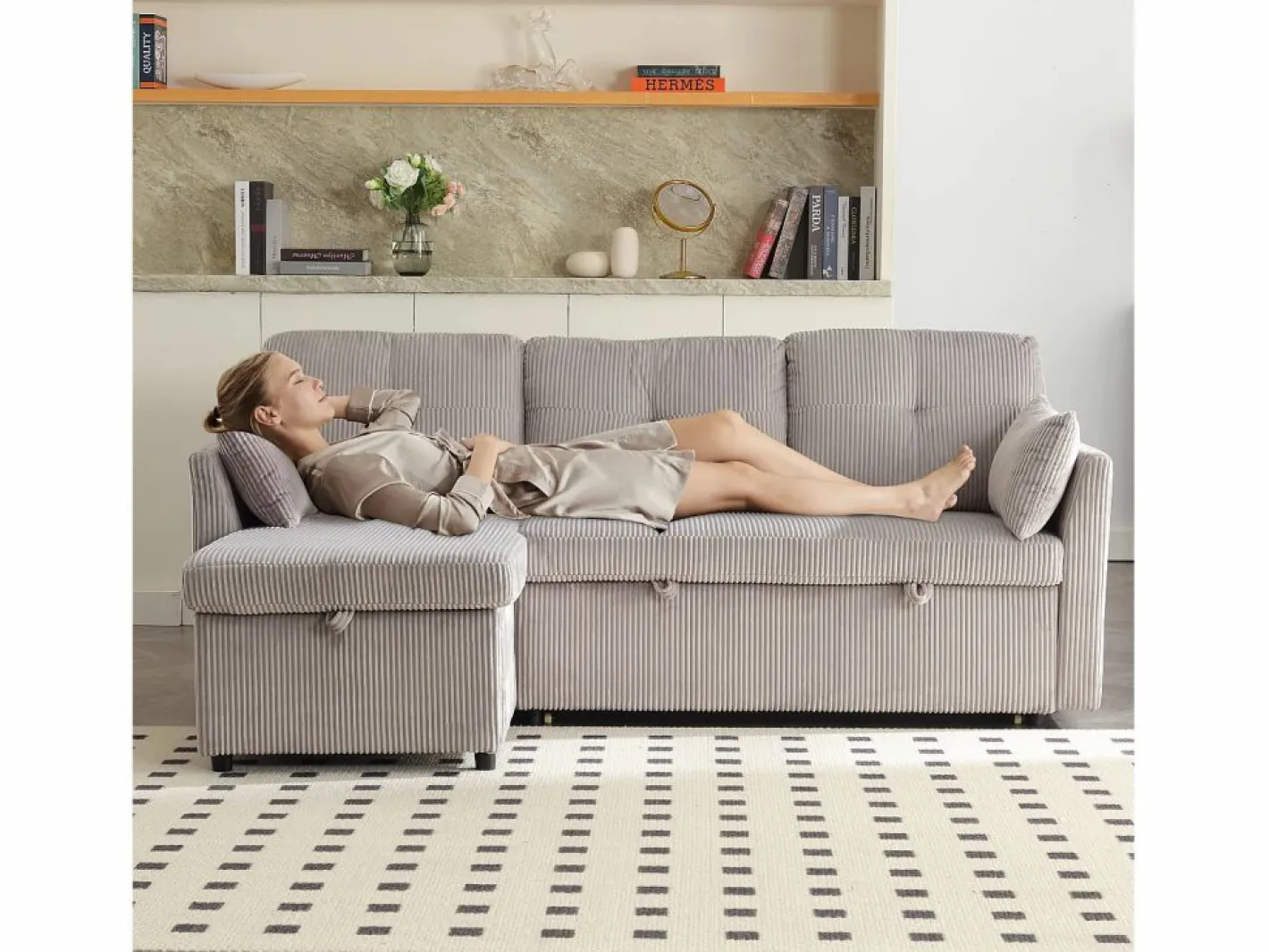 Sofá Modular|Sofá cama con chaiselongue intercambiable y bolsillos laterales cojines incluidos diseño moderno pana para salón(Sin colchón)