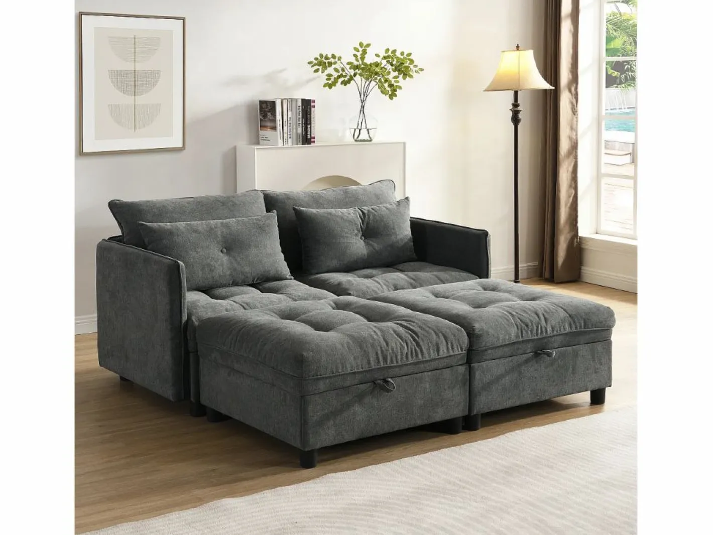Sofá Modular|Sofá cama con chaiselongue intercambiable y bolsillos laterales cojines incluidos diseño moderno pana para salón(Sin colchón)