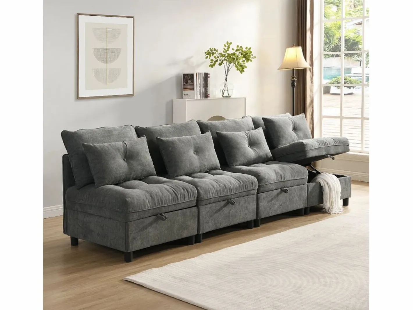 Sofá Modular|Sofá cama con chaiselongue intercambiable y bolsillos laterales cojines incluidos diseño moderno pana para salón(Sin colchón)