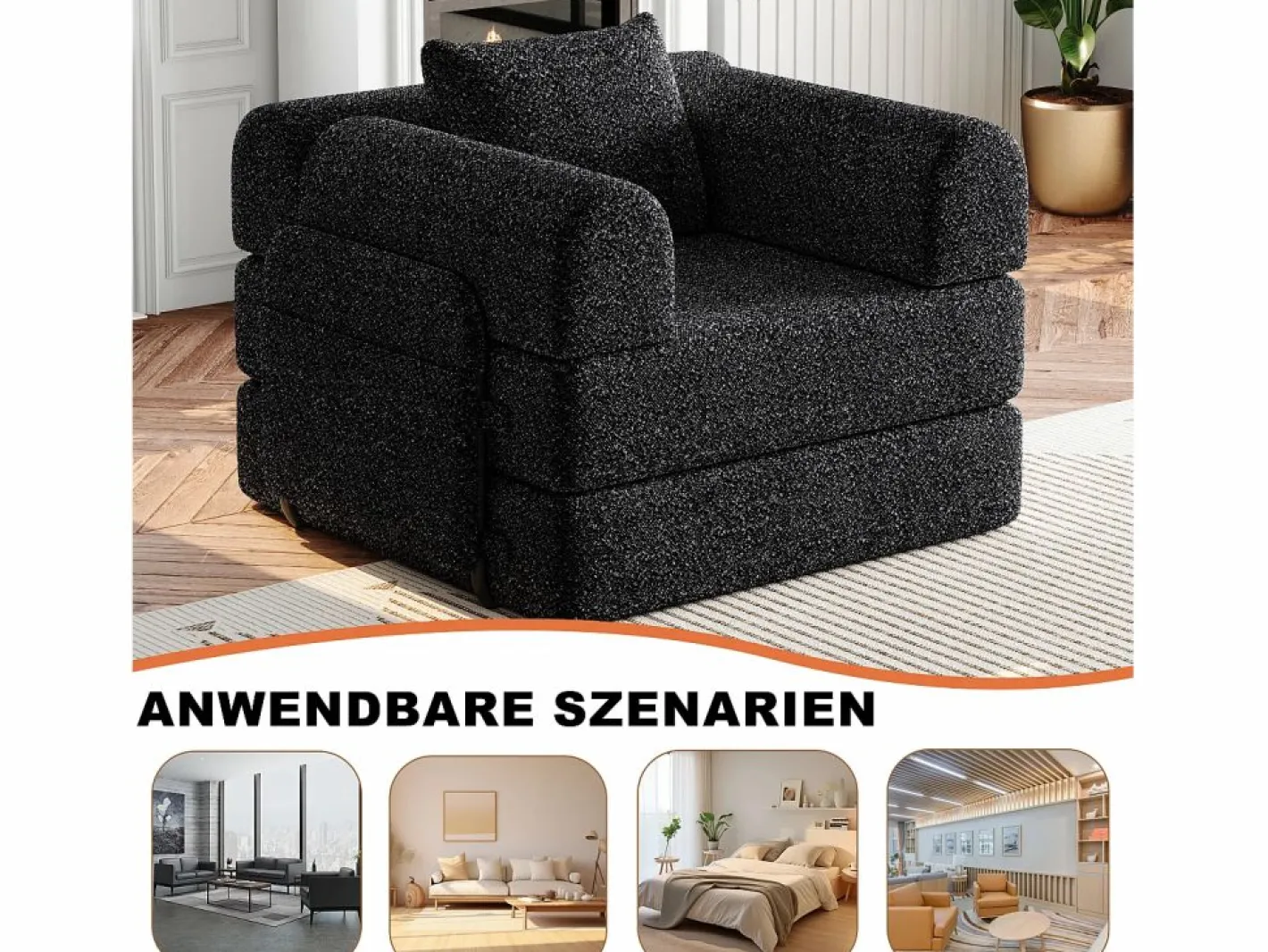 Hauss Spole Sofá cama convertible - Individual - Tela de chenilla negra Negro Hot
