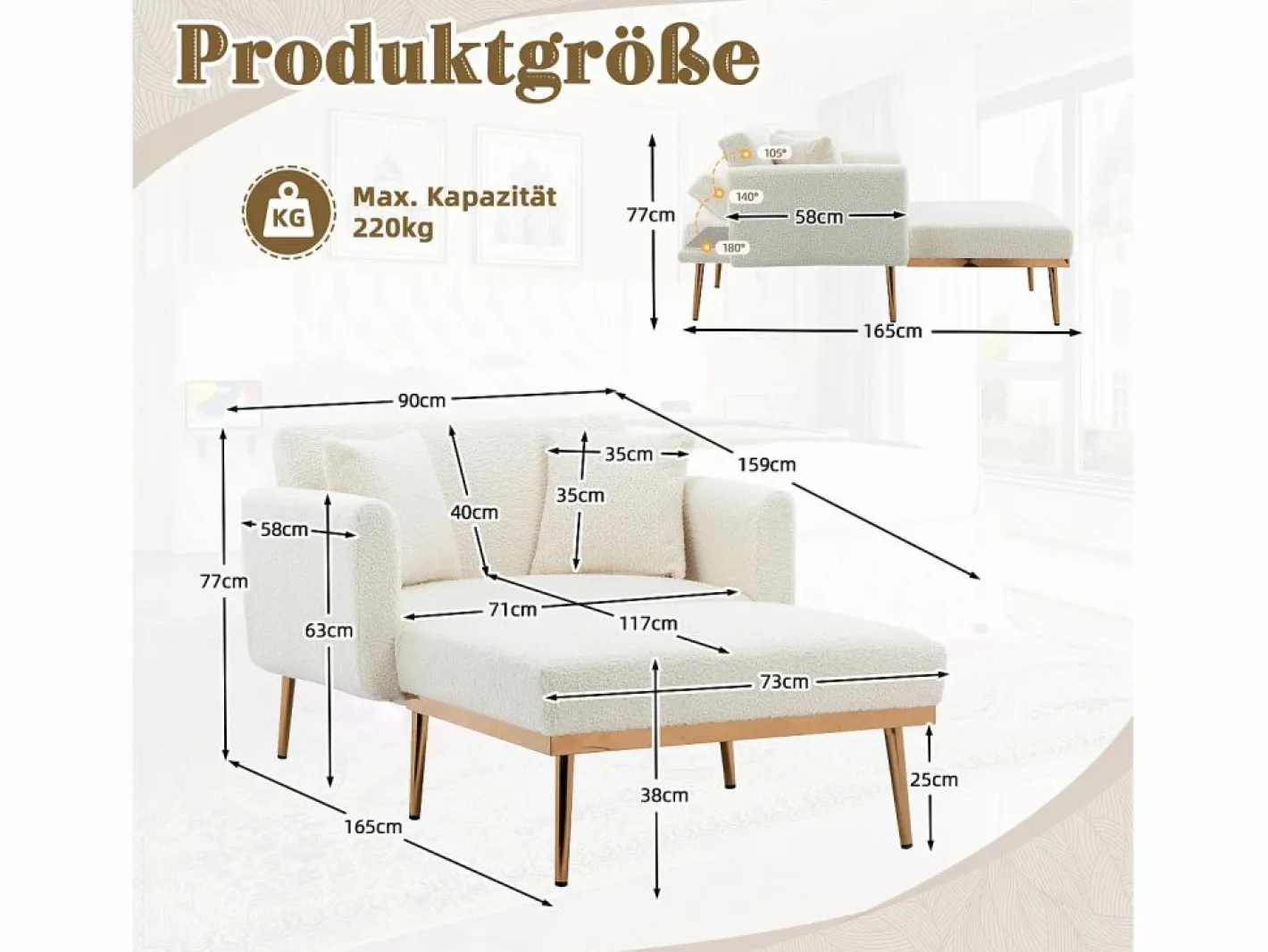 Diván Cama|Sofá cama convertible en osito - Patas de metal dorado - Función chaise longue