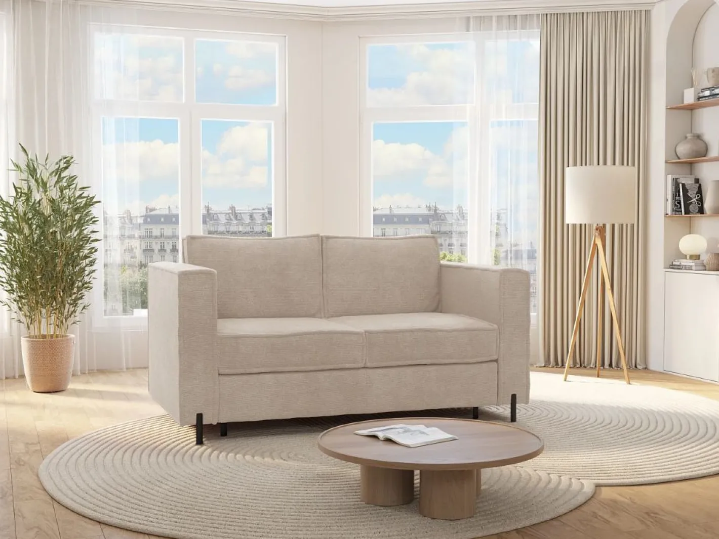 Vente-unique Sofá cama de 4 plazas de apertura rápida de tela colchón de 20 cm ELORYA Beige