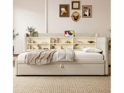OKWISH Cama Diván|Sofá cama de 90/180 x 200 cm, color lino, extraíble con espacio de almacenaje y puerto USB (sin colchón)