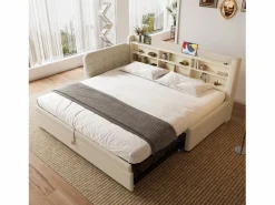 OKWISH Cama Diván|Sofá cama de 90/180 x 200 cm, color lino, extraíble con espacio de almacenaje y puerto USB (sin colchón)