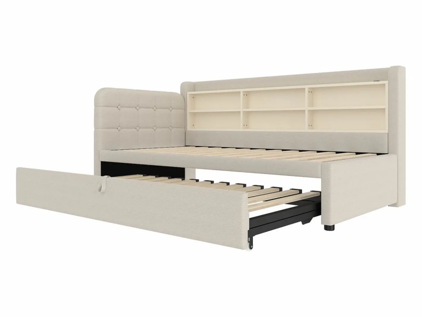 OKWISH Cama Diván|Sofá cama de 90/180 x 200 cm, color lino, extraíble con espacio de almacenaje y puerto USB (sin colchón)