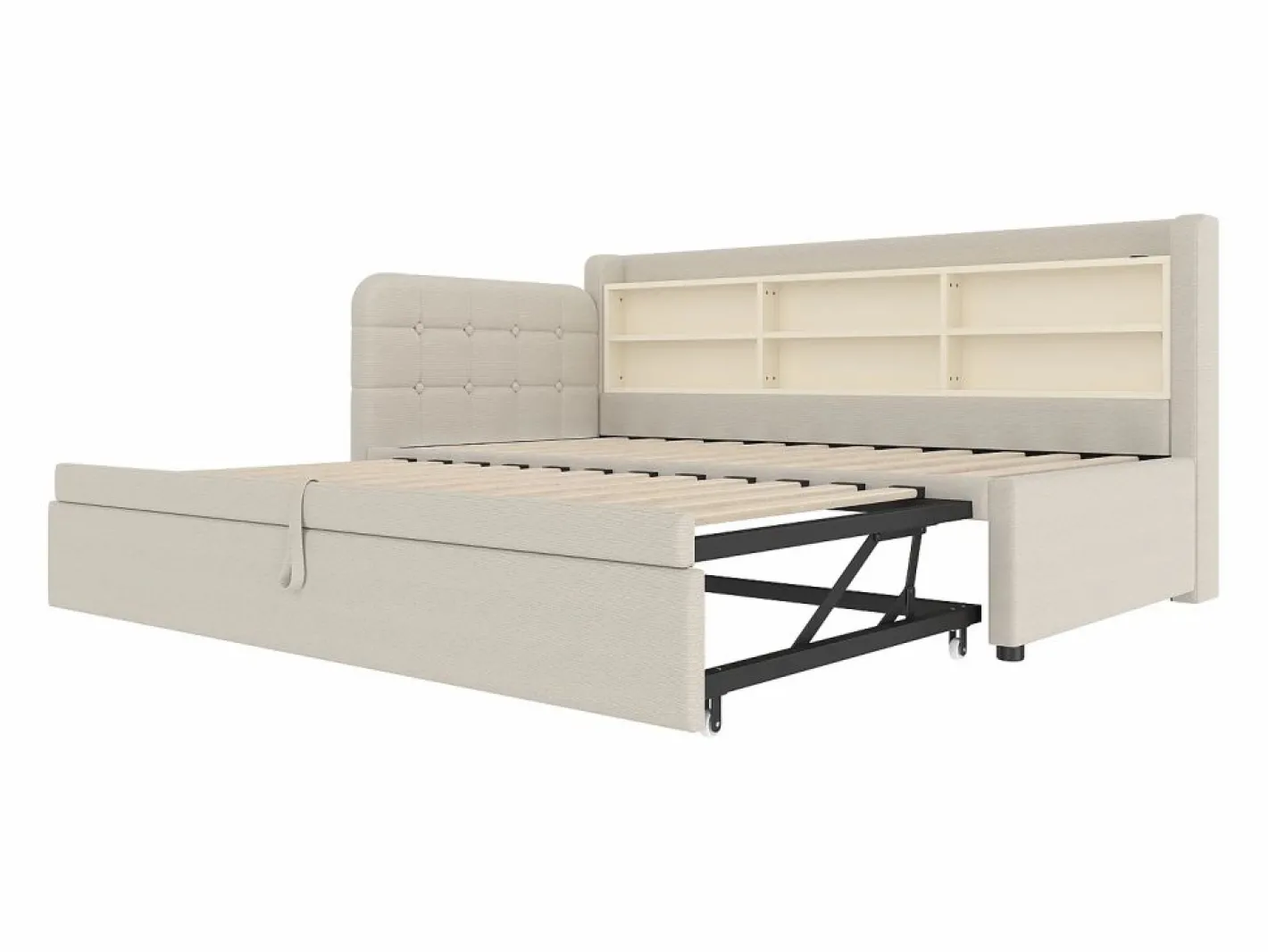 OKWISH Cama Diván|Sofá cama de 90/180 x 200 cm, color lino, extraíble con espacio de almacenaje y puerto USB (sin colchón)