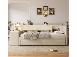 Sofá cama de 90 x 200 cm, lino , cama para adulto con escritorio, 2 cajones y puerto USB (sin colchón)^OKWISH