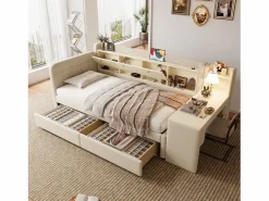 Sofá cama de 90 x 200 cm, lino , cama para adulto con escritorio, 2 cajones y puerto USB (sin colchón)^OKWISH