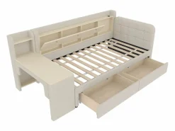 Sofá cama de 90 x 200 cm, lino , cama para adulto con escritorio, 2 cajones y puerto USB (sin colchón)^OKWISH