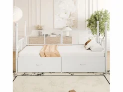 ModernLuxe Sofá cama de hierro forjado 90x200 cm - con 2 cajones - estructura metálica - con compartimento de almacenamiento - Blanco Clearance