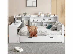 ModernLuxe Sofá cama de madera maciza 140x200 cm - con escritorio + librería - compartimentos de almacenamiento + estantes - con enchufes - con cama nido - blanco Marru00f3n New