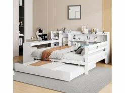 ModernLuxe Sofá cama de madera maciza 140x200 cm - con escritorio + librería - compartimentos de almacenamiento + estantes - con enchufes - con cama nido - blanco Marru00f3n New