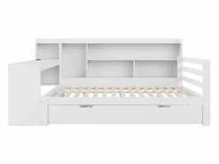ModernLuxe Sofá cama de madera maciza 140x200 cm - con escritorio + librería - compartimentos de almacenamiento + estantes - con enchufes - con cama nido - blanco Marru00f3n New