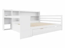 ModernLuxe Sofá cama de madera maciza 140x200 cm - con escritorio + librería - compartimentos de almacenamiento + estantes - con enchufes - con cama nido - blanco Marru00f3n New