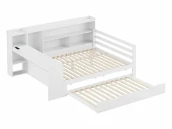 ModernLuxe Sofá cama de madera maciza 140x200 cm - con escritorio + librería - compartimentos de almacenamiento + estantes - con enchufes - con cama nido - blanco Marru00f3n New