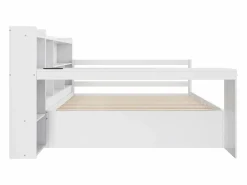 ModernLuxe Sofá cama de madera maciza 140x200 cm - con escritorio + librería - compartimentos de almacenamiento + estantes - con enchufes - con cama nido - blanco Marru00f3n New