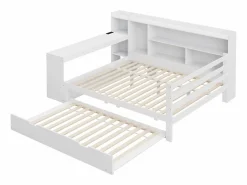 ModernLuxe Sofá cama de madera maciza 140x200 cm - con escritorio + librería - compartimentos de almacenamiento + estantes - con enchufes - con cama nido - blanco Marru00f3n New