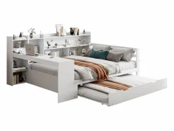 ModernLuxe Sofá cama de madera maciza 140x200 cm - con escritorio + librería - compartimentos de almacenamiento + estantes - con enchufes - con cama nido - blanco Marru00f3n New
