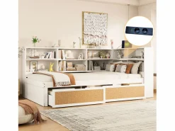 ModernLuxe Sofá cama de madera maciza 90×200 cm - con 2 cajones - múltiples almacenamientos - con puerto de carga - (sin colchón) Blanco Hot
