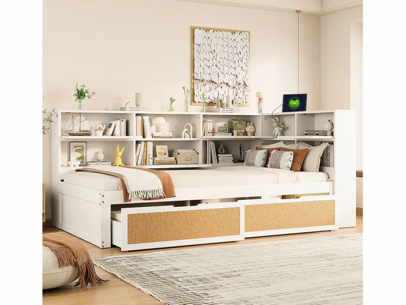 ModernLuxe Sofá cama de madera maciza 90×200 cm - con 2 cajones - múltiples almacenamientos - con puerto de carga - (sin colchón) Blanco Hot