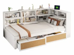 ModernLuxe Sofá cama de madera maciza 90×200 cm - con 2 cajones - múltiples almacenamientos - con puerto de carga - (sin colchón) Blanco Hot