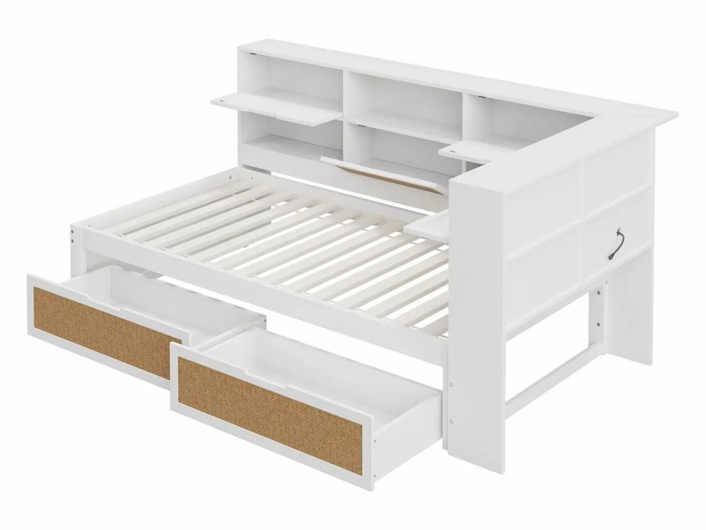 ModernLuxe Sofá cama de madera maciza 90×200 cm - con 2 cajones - múltiples almacenamientos - con puerto de carga - (sin colchón) Blanco Hot