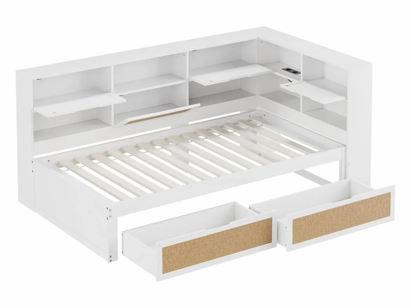 ModernLuxe Sofá cama de madera maciza 90×200 cm - con 2 cajones - múltiples almacenamientos - con puerto de carga - (sin colchón) Blanco Hot