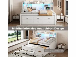 Sofá cama extraíble - 90 x 200 cm + 90 x 190 cm - con LED + 3 cajones + mesita de noche + USB + Tipo C - aglomerado + MDF -^Merax
