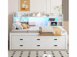 Sofá cama extraíble - 90 x 200 cm + 90 x 190 cm - con LED + 3 cajones + mesita de noche + USB + Tipo C - aglomerado + MDF -^Merax