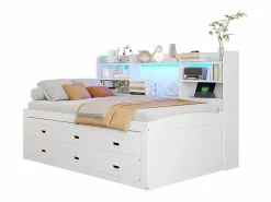 Sofá cama extraíble - 90 x 200 cm + 90 x 190 cm - con LED + 3 cajones + mesita de noche + USB + Tipo C - aglomerado + MDF -^Merax